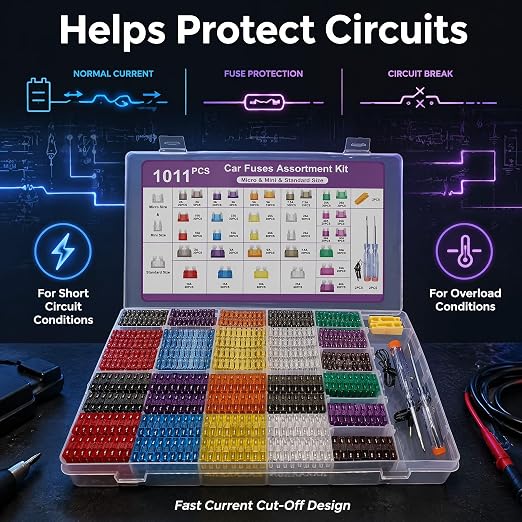 1011-Piece Universal Zinc Flake Car Fuse Set - 410 Standard, 410 Mini & 185 Micro Fuses (2A-40A), with 2 Removal Tools, 2 Testers & 2 Clips - Compatible with Cars, Trucks, RVs, Boats etc.