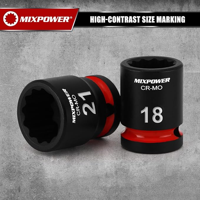 MIXPOWER 26 Pieces 1/2'' Drive Shallow Impact Socket Set,12 Point,Metric,10-36mm,CR-MO,Axle Nut Impact Grade Socket for Easy Removal