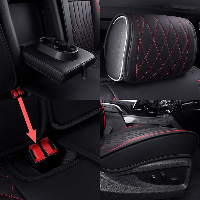 Aierxuan Chevy Silverado GMC Sierra Car Seat Covers Full Set, Custom Fit 2007-2026 1500 2500 HD 3500 HD Crew, Double, Extended Cab or Pickup Truck, with Waterproof Faux Leather (Black and Red)