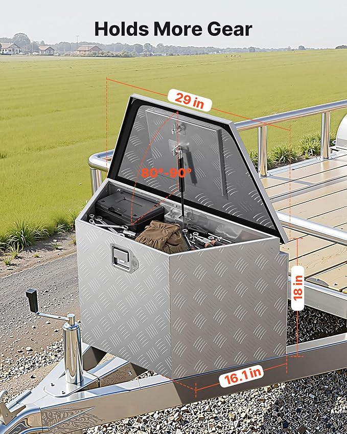 VEVOR Trailer Tongue Box, Heavy Duty Trailer Tongue Tool Box Storage Organizer with Lock & Keys, Utility Tool Chest for Pickup Truck Bed, RV, SUV, Off-Road Vehicle, Aluminum, 29" x 16.1" x 18", Silver