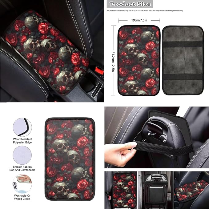 Red Rose Skulls Car Seat Covers Full Set, Car Steering Wheel Cover Protector, Auto Center Console Pad, Auto Seat Belt Pads, 8 Pcs Automotive Interior Accessories