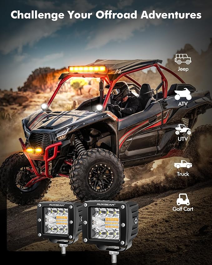 Auxbeam 6 Modes Amber White Series 3-Inch LED Cubes 72W Offroad Pod Lights | Flashing strobe function, Spot flood combo, Dual color light bar, Memory reset, A-pillar ditch lights, Bumper fog lights