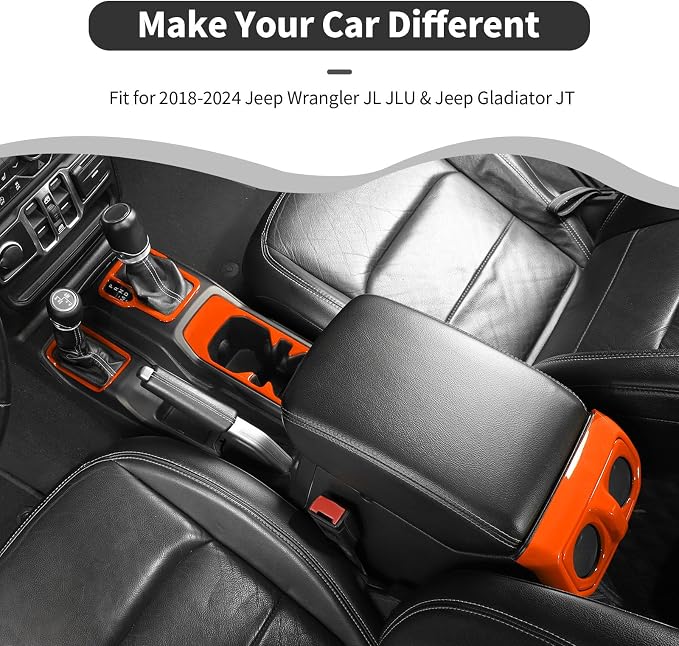 6PCS Interior Trim Kit Fit for 2018-2024 Jeep Wrangler JL JLU & Jeep Gladiator JT,Center Console Rear Outlet Window Switch 4W Drive Gear Shift Cup Holder Trim Cover(Orange)