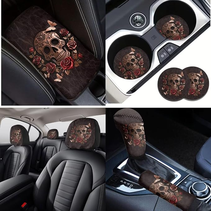 Lotusorchid Skull Print Car Seat Covers Full Set, Rose Butterfly Printed Car Front Back Seat Covers Headrest Cover, Non-Slip Gear Shift Knob Protector Steering Wheel Cover Set of 16