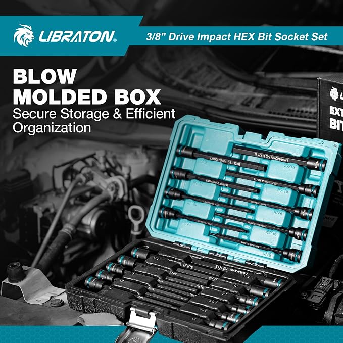LIBRATON 3/8" Drive Long Impact Hex Bit Socket Set, Allen Bit Sockets, S2 Steel Hex Head Sockets, 20PCS Allen Wrench Socket, SAE&Metric Allen Bit Socket Set, 6" Long Allen Key Socket, Blow Molded Box