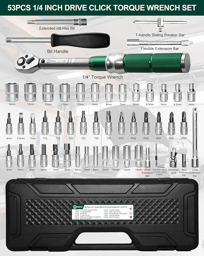 53PCS 1/4”Drive Click Torque Wrench Set, 2-24N.m & ±3% Bicycle Repair Tool | Dual N.m/in.lb scale, Cr-V steel, click alert, tight-spot bars, carry case