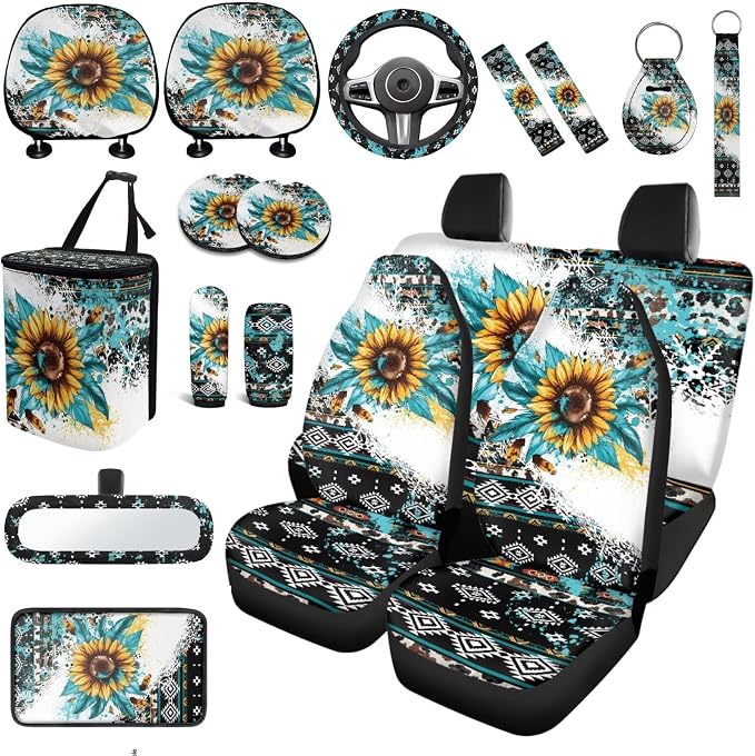 Navajo Sunflower Car Seat Covers Full Sets of 18 Pcs Sunflower Print Car Interior Accessories Sets with Anti Slip Car Seat Belt Pads Cover Leakproof Auto Trash Can Steering Wheel Cover