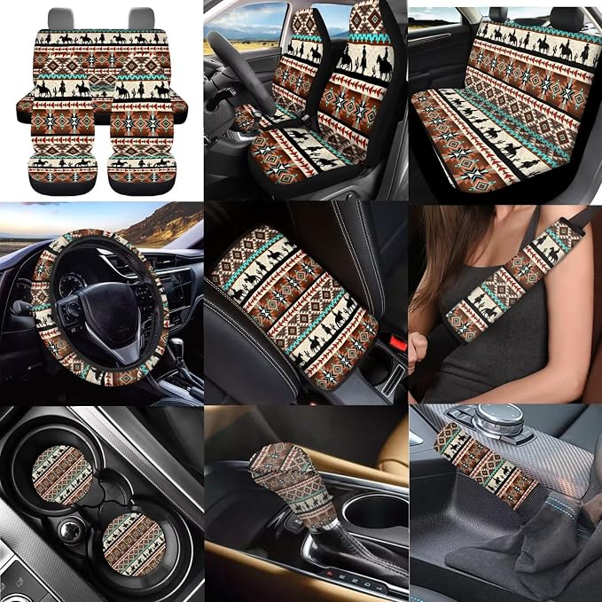 Dreaweet Aztec Car Seat Covers Full Set Western Cowboy Pattern Car Accessories for Men,Universal Steering Wheel Cover/Center Console Cover/Seatbelt Covers/Coasters/Gear Shift Cover and Handbrake Cover