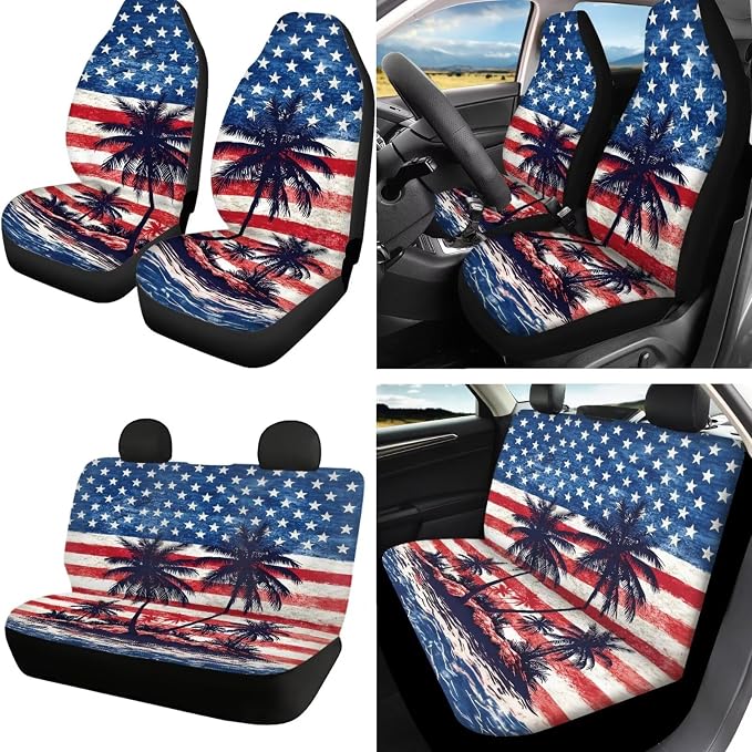 Coconut Tree Print Car Front Rear Seat Covers American Flag Print Car Interior Covers Set Includes Steering Wheel Cover Safety Belt Pads Center Console Pad 250 Year Auto Decor
