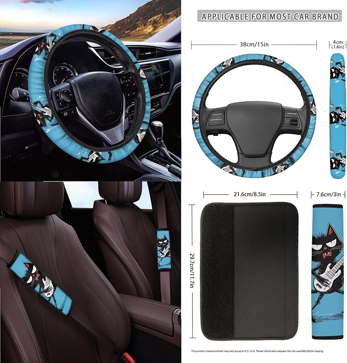 Cat Play The Guitar Print Car Seat Cover Full Set of 15 Seatbelt Strap Pad Steering Wheel Covers Rear View Mirror Cover Trash Cans Air Vent Storage Bag Cup Coasters Keychain