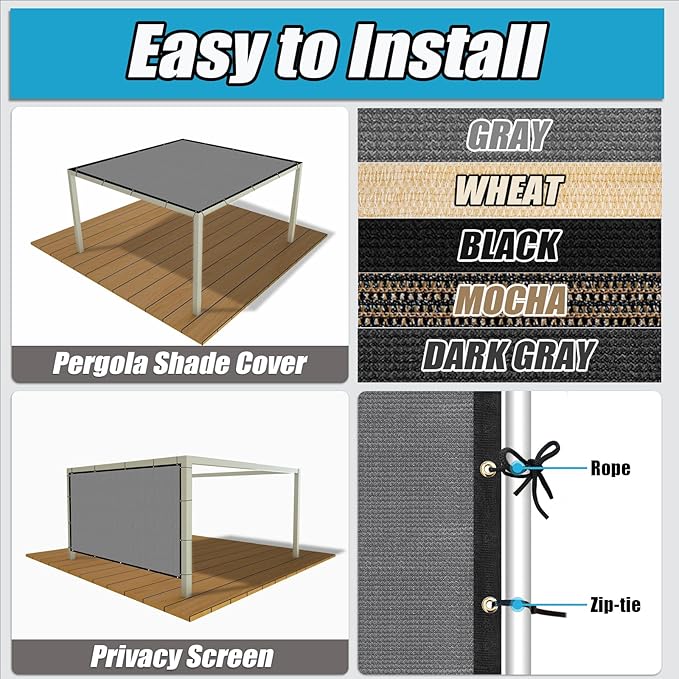 Amagenix 90% Shade Fabric 16'X 19' Gray Sun Shade Cloth with Grommets for Pergola Replacement Shade Cover Canopy, Heavy Duty, Cable Zip Ties Included (We Customized)