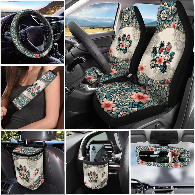 Dreaweet Dog Paw Car Seat Covers Full Set for Women Boho Car Accessories Steering Wheel Cover Seat Belt Pads Coasters Trash Bag Vent Storage Pouch Rear View Mirror Cover Keychain Universal Fit