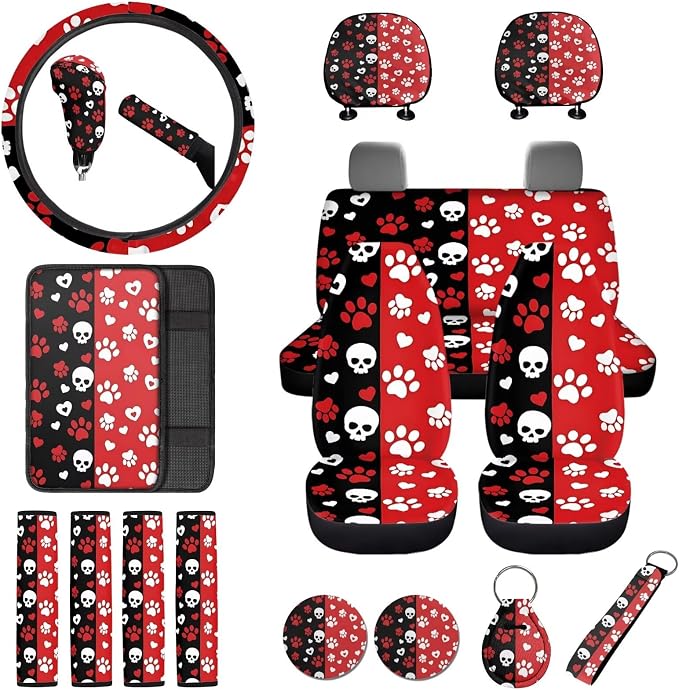 Dog Paw Print Car Seat Covers Set of 18 Skull Love Print Car Front Rear Seat Covers Headrest Protectors Steering Wheel Cover Safety Belt Pads for SUV Sedan, Easy to Install