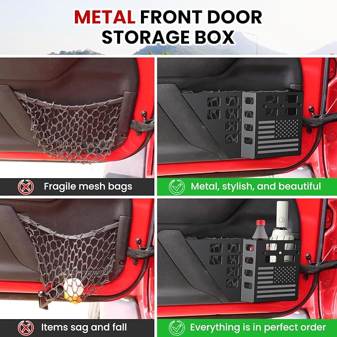 DIAMOOKY Metal Front Door Pocket Storage Box for Jeep Wrangler JK JKU 2018 2017 2016 2015 2014 2013-2007 2/4 Door Accessories, Door Organizer Molle Panels, Flag, 2PCS