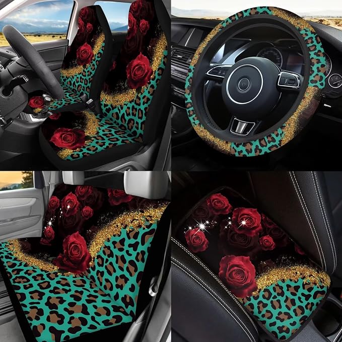 Leopard Print Car Seat Covers Full Sets with Front and Split Rear Bench,Red Rose Car Accessories Set 17 Pack,Leopard Print Vehicle Interior Set Decor with Headrest Covers,Car Seat Belt Cover