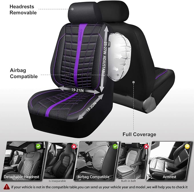 CAR PASS 3D Foam Mesh Leather Car Seat Covers Full Set, Breathable Premium Leather Seat Covers for Car,Anti Slip Universal Fit for Trucks Cars Sedans Vans SUVs, Airbag Compatible, Black Purple