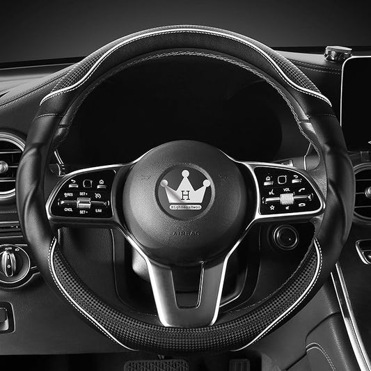HighnessHwoo 3D Car Steering Wheel Cover Comfort Grip Massage Sporty Anti-Slip Carbon Fiber Faux Leather for Sedan SUV, Universal Fit, Car Handle Covers for All Seasons, 14.75-15.15in, White