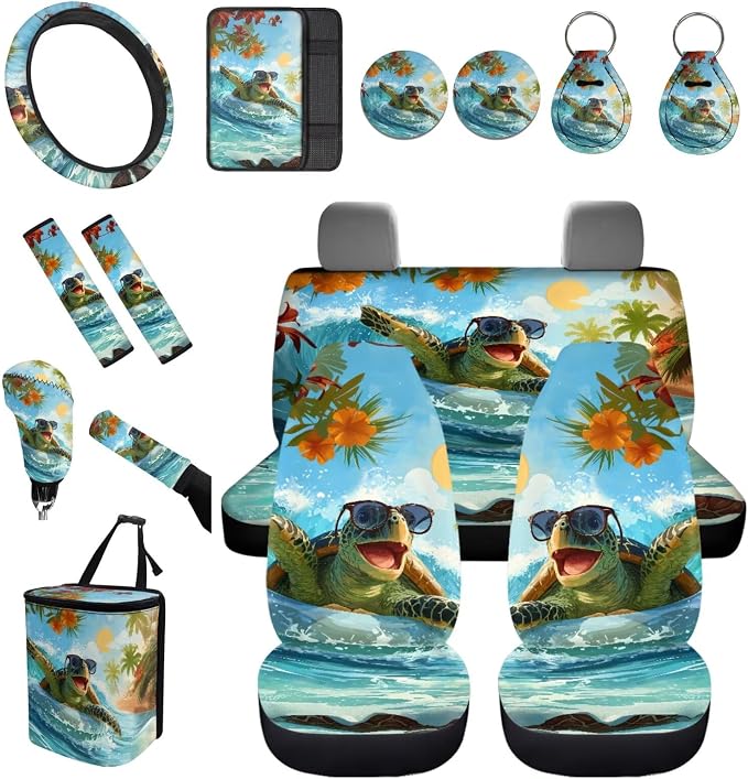 Forchrinse Hawaiian Sea Turtle Car Cover for Women Men Front Back Seat Cover with Steering Wheel Cover/Armrest Seatbelt Cover/Handbrake Gear Shift Cover/Garbage Trash Can