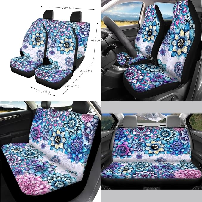 Poceacles Bohemian Flower Blue Violet 13 Pieces Car Accessories Full Set Includes Car Seat Cover Steering Wheel Shoulder Seat Belt Pads Cup Holder Chapstick Holder Tissue Box Keychain Decor