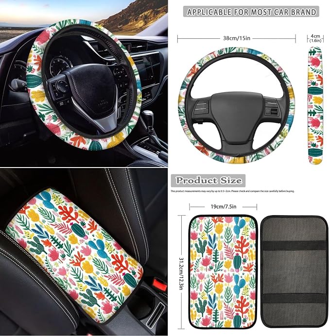 Cactus Car Seat Covers Full Set with Armrest & Steering Wheel Covers, Seat Belt & Handbrake Protectors, Cup Holder Coaster, Head Rest Covers, Keychain - 18 Pack