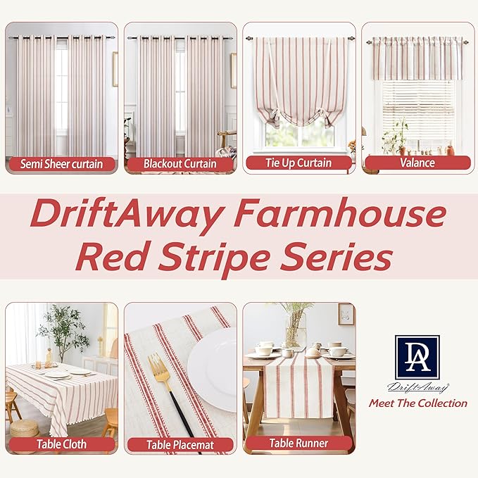 DriftAway Farmhouse Double Layer Linen Blackout Tie Up Curtains Thermal Insulated Vertical Striped Fully Lined Balloon Roman Shade Bathroom Window Adjustable Rod Pocket 45 Inch by 63 Inch Red