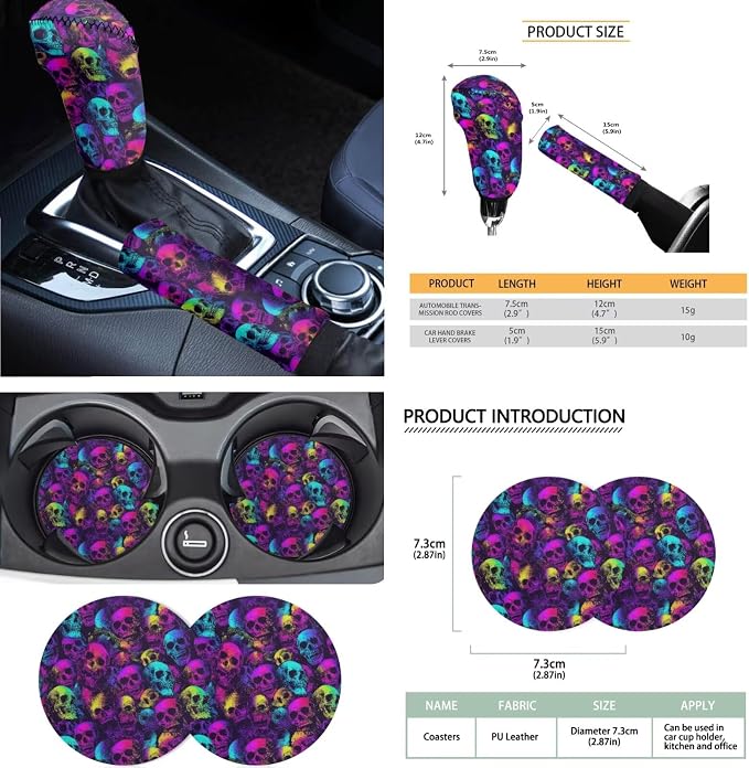 Skull Print Car Seat Cover for Front and Back Seats with Headrest Covers Steering Wheel Cover Safety Belt Pads Armrest Cushion Gear Shift Lever and Handbrake Covers Keychain