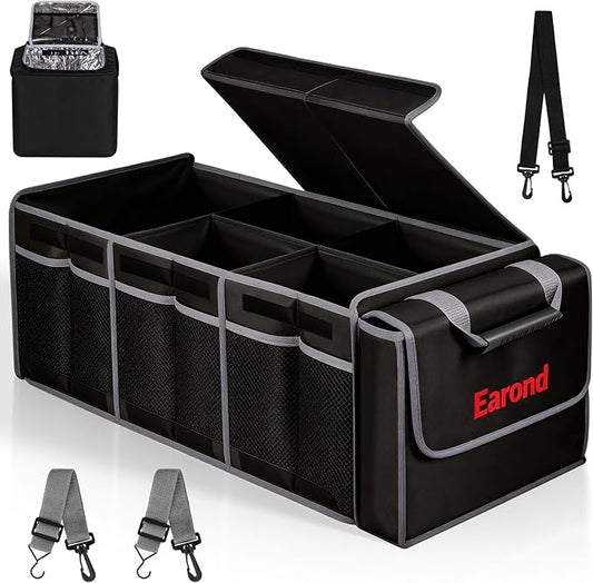 EAROND Collapsible Trunk Organizer with Insulated Leakproof Cooler Bag,Removable Lid,Adjustable Securing Straps,3 Compartments Trunk Organizer for SUV,Truck,Sedan(Grey & Black)
