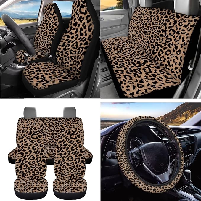 Dreaweet Brown Leopard Print Car Seat Covers Full Set for Women Cheetah Car Accessories Steering Wheel Cover Seat Belt Pads Car Coasters Trash Bag Air Vent Storage Bag Rearview Mirror Cover Keychain