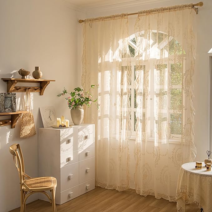 Sutuo Home Beige Lace Curtains 96 Inches Long 2 Set, Sheer Panels Rose Floral Embroidery Vintage Voile Window Treatment Pair for Bedroom Living Room, Retro Christmas Decor Rod Pocket, W57 x L96