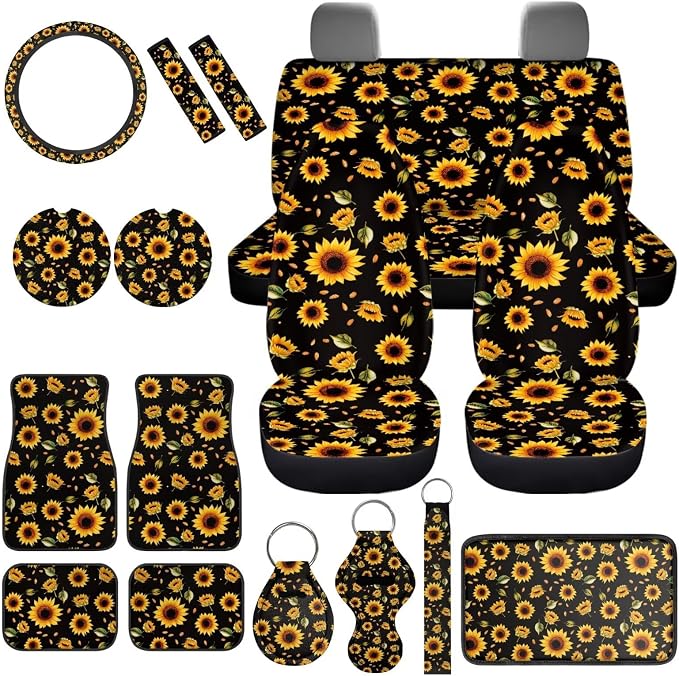 Sunflower Car Seat Covers Full Set of 17 Pcs Hippie Sunflower Car Accessories Set with Front and Split Rear Bench Car Mats Full Set Car Seat Belt Cover Steering Wheel Covers,Universal Fit