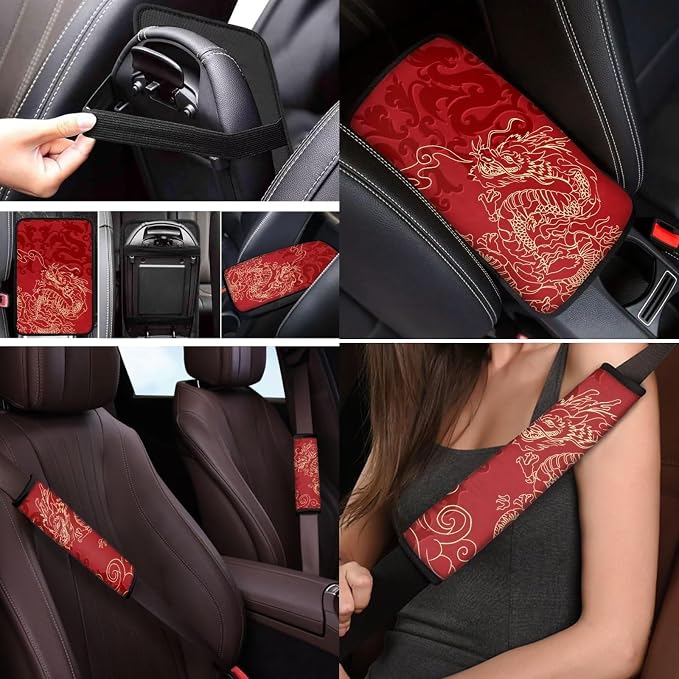 Mumeson Dragon Car Seat Covers for Front Rear Seat Protector with Steering Wheel Cover + Seat Belt Strap Pads Shoulder Pad Armrest Cushion Pad of Car Full Set of 8 Pcs Car Decor Set Purple