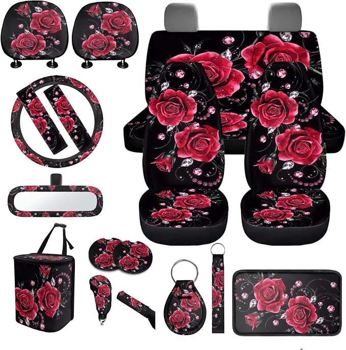 18 Pieces Car Seat Covers Full Sets Red Rose Car Accessories Set with Red Rose Steering Wheel Cover Auto Trash Can for Women Car Headrest Covers Belt Pads Cover Romantic Auto Armrest Pad