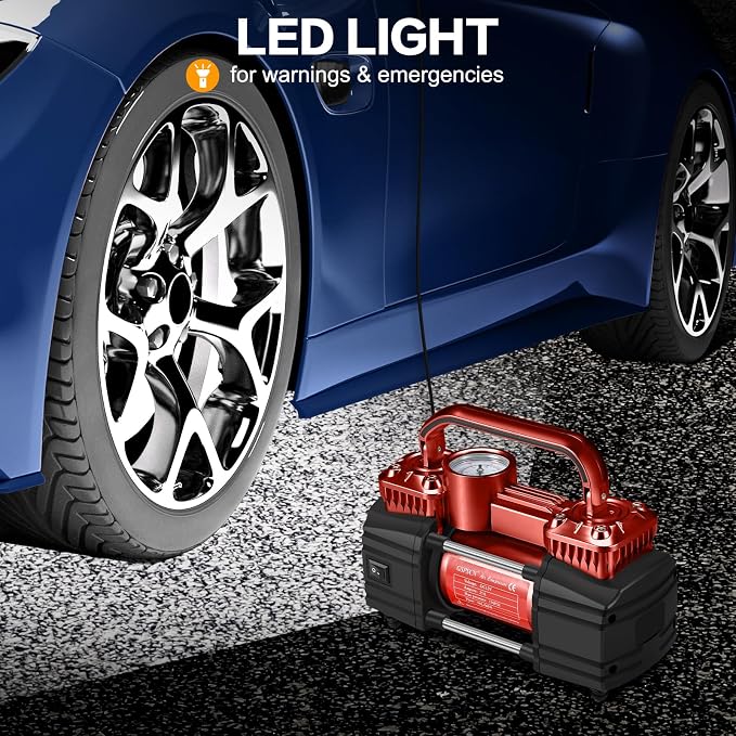 GSPSCN Heavy Duty Tire Inflator 12V Portable Air Compressor Pump 150PSI | 6X Faster Inflation Dual Cylinder Metal Air Pump with Led Light for Car, RV,Pickup Truck, SUV, Van,Camper, Air Bed,Balls