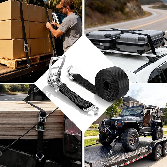 2 Inch Ratchet Straps Heavy Duty -20ft Tie Down Straps with J Hooks - 10,000lb Break Strength Ratchet Tie Down Strap - Black Heavy Duty Ratchet Straps - Cargo Straps for Truck, Lawn Equipment, 4 Pack