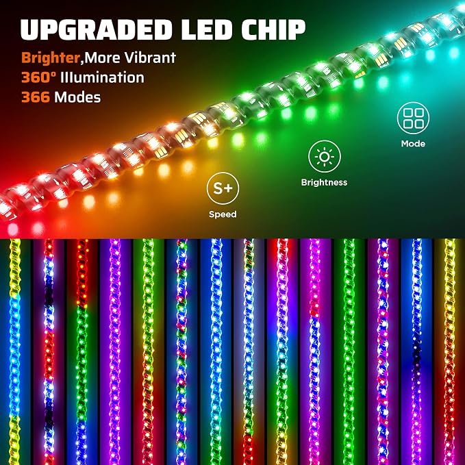 Ehaho 2 PCS 1FT Whip Lights with Spring Base, APP & Remote Control Led Whip Lights for Side by Side, Spiral RGB Chasing Lighted Whips with Rocker Switch, Music Led Whips for UTV ATV RZR SXS Can-Am