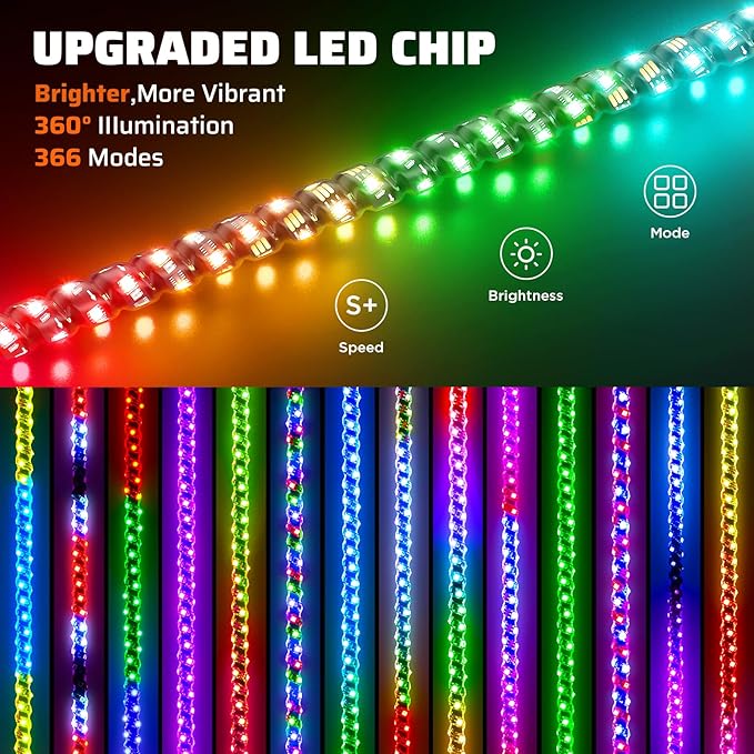 Ehaho 2 PCS 3FT Whip Lights with Spring Base, APP & Remote Control Led Whip Lights for Side by Side, Spiral RGB Chasing Lighted Whips with Rocker Switch, Music Led Whips for UTV ATV RZR SXS Can-Am