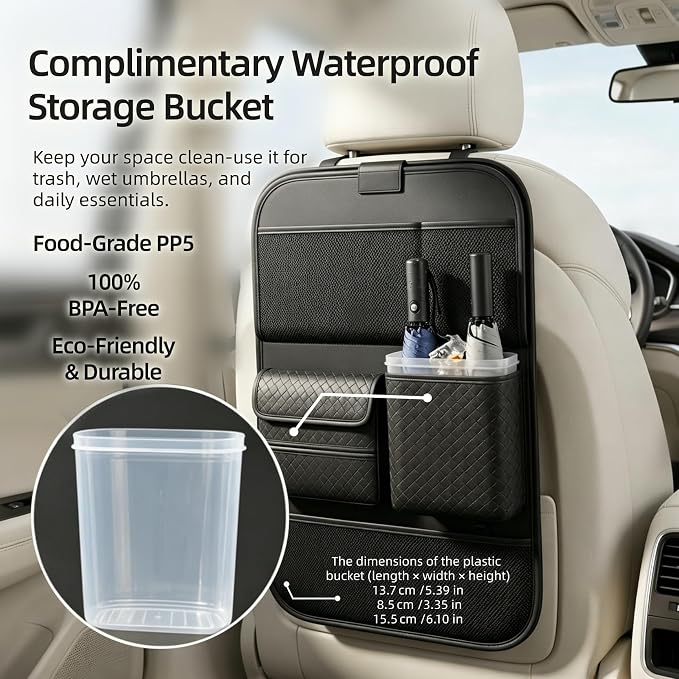 Premium PU Leather Car Seat Back Organizer with Foldable Tray & Transparent Touch Screen Tablet Pouch, Travel Accessories with Storage Bin, Cup Holder, Tissue Pocket, Hook, Fit SUV Sedan Truck (Brown)