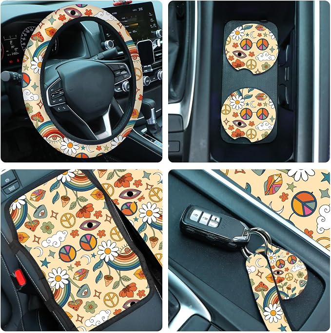 Riakrum 15 Pcs Car Seat Covers Full Set Space Car Covers for Front Rear Seat Steering Wheel Wrist Strap Armrest Pad Shoulder Pads (Daisy Style)
