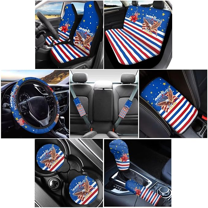 Wanyint Car Seat Cover Full Set 12 PCS, with Steering Wheel Seat Belt Strap Armrest Pad Handbrake Cover Gear Shift Cover Coasters Universal Fit for US 250th Anniversary, American Flag Hibiscus Eagle