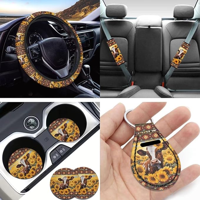 Sunflower Cow Car Seat Covers Full Set 11pcs Cow Car Accessories with Cow Auto Steering Wheel Cover Seatbelt Pads Keychain Cup Holder Pads for Most Vehicle