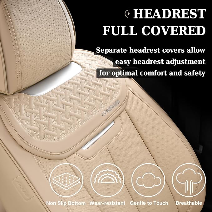 Coverado Car Seat Covers Full Set, Seat Covers Waterproof, Nappa Leather Seat Covers for Cars, Front and Back Car Seat Protector, Breathable Seat Cushion, Seat Cover Universal Fit Most Cars(Beige)