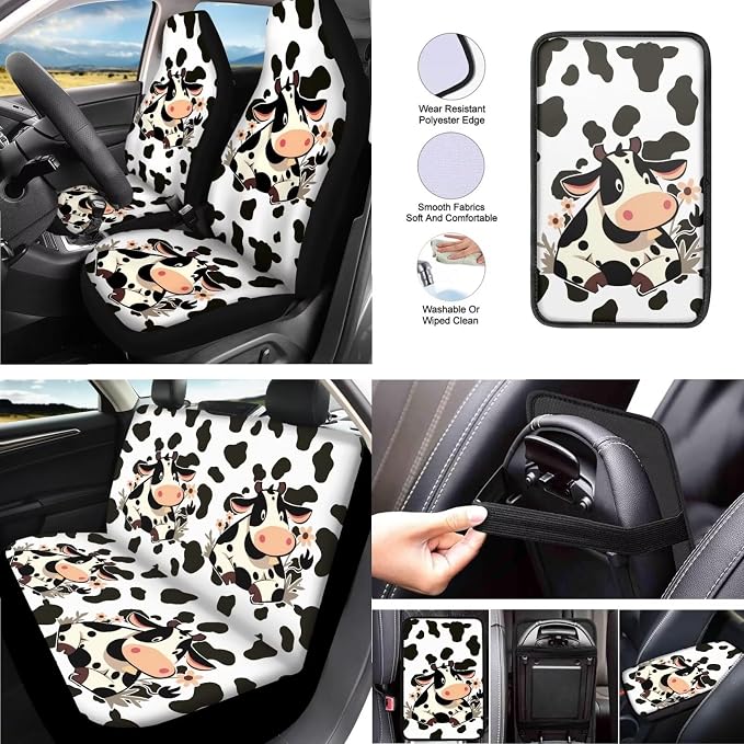 Farmhouse Cow Car Seat Covers Set of 13, Countryside Dairy Cows Vehicle Headrest Cover Cup Holder Coaster, Cartoon Cattle Spot Auto Seat Covers Armrest Cover