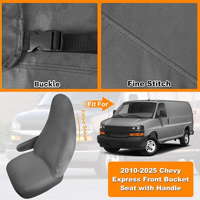 Seat Covers Compatible with 2010-2025 Chevy Express Front Bucket Seats with Opening for Grab Handle on Passenger Side Backrest, NOT for RV Seats (Gray, 2010-2025 Express Front (Knitted))