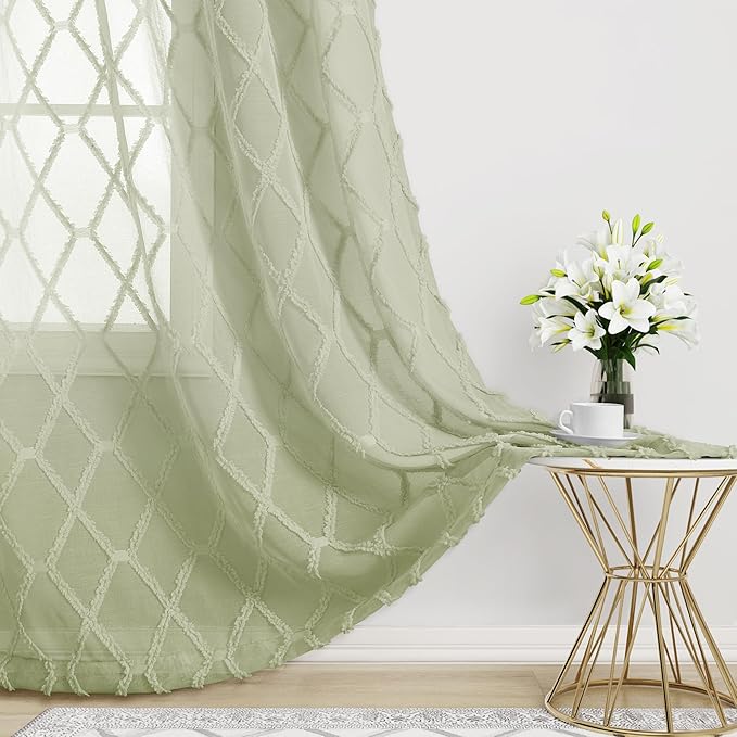 Sage Green Sheer Curtains 90 Inch Long for Living Room 2 Panels Back Tab Pocket Light Green Boho Farmhouse Drapes Light Filtering Privacy Embroiderd Textured Rustic Window Curtain for Bedroom 52x90