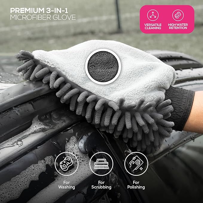 Premium 3-in-1 Car Wash Mitt Scratch Free, Cleaning Mitt, Microfiber Wash Mitts for Car Washing, Drying, and Scrubbing (2-Pack)