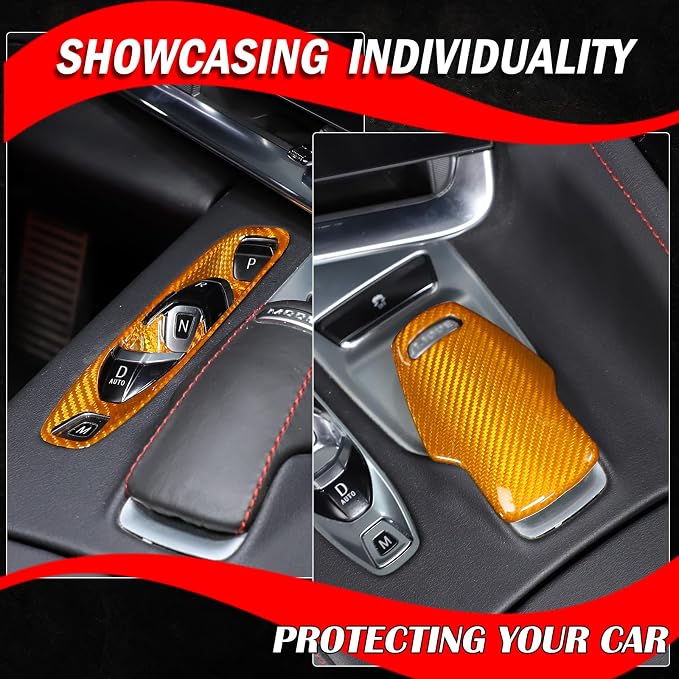 Set of 2 Genuine Carbon Fiber Gear Shift Panel Cover Trim for Corvette C8 2020-2025 Gear Shift Knob Head Protection&Console Gear Shift Button Panel P D Auto M Button Frame Accessories (Yellow)