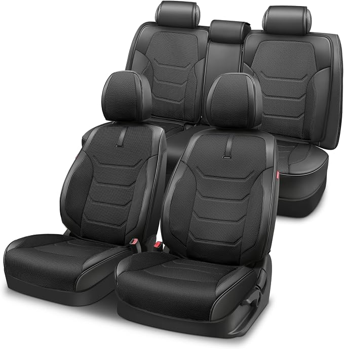 Auto Dynasty Car Seat Covers Full Set, Anti-Slip Automotive Interior Covers with Storage Pocket, Breathable Car Seat Protectors, Airbag Compatible, Universal Fit Most Vehicles, Black (Sport Series)
