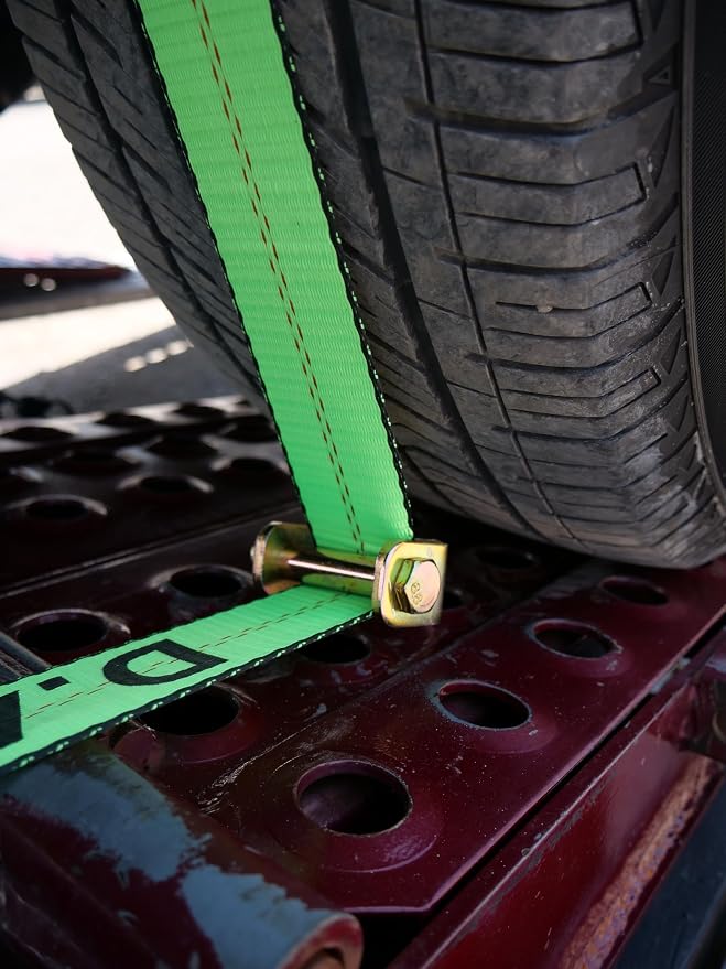 D.A.S. Car Hauler Straps - 2 inches x 11 feet, Set of 4 Wheel Tie Down Straps for Car, Truck, and UTV Transport, Secure Car Tie Dow, Three Cleat Design | Green Color