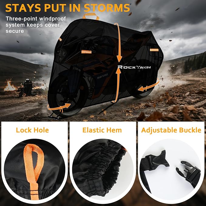 ROCKTAKIN 300D Heavy Duty Motorcycle Cover, Waterproof All Season Outdoor Protection with 4 Reflective Strips & Lock Holes, Fits Most Cruisers, Touring Bikes and Scooters up to 86"