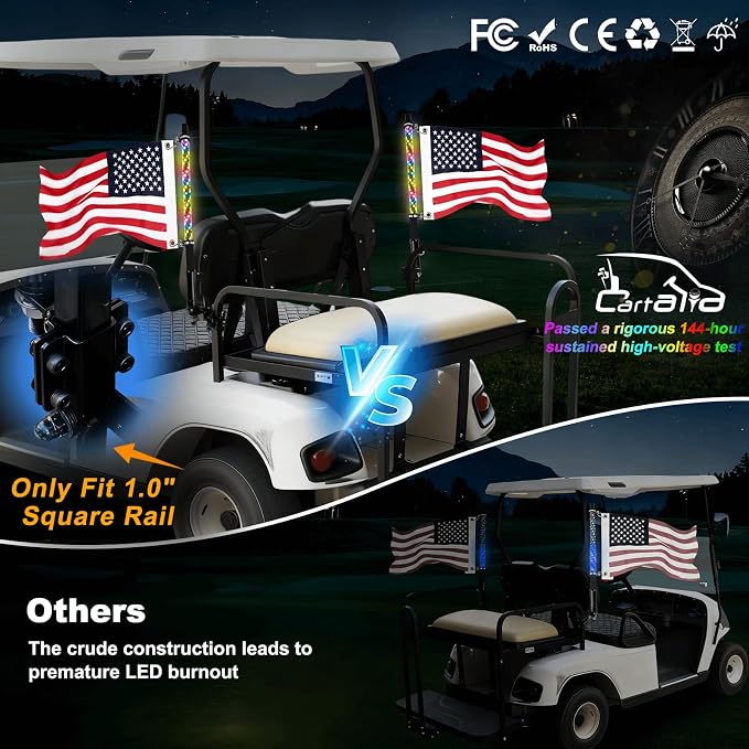 2 Pack 2FT Golf Cart Flag Pole Whip Lights, Only Fit 1.0" Square Rail, LED Light Bluetooth App & Remote Control, Lighted with Turn Reverse Brake Signal for 36V/48V/72V (Included DC Converter)